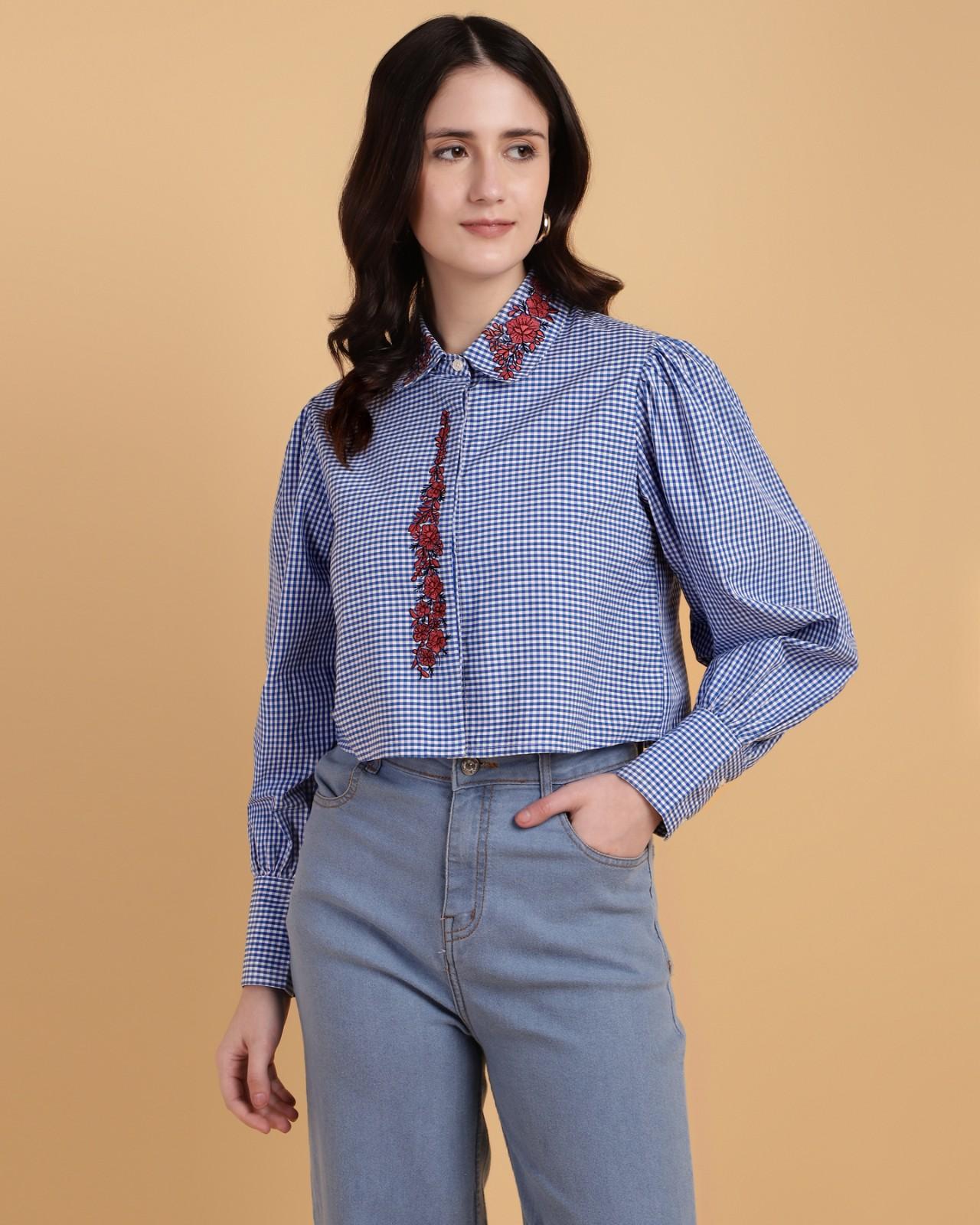 Blue Gingham Crop Shirt With Embroidery