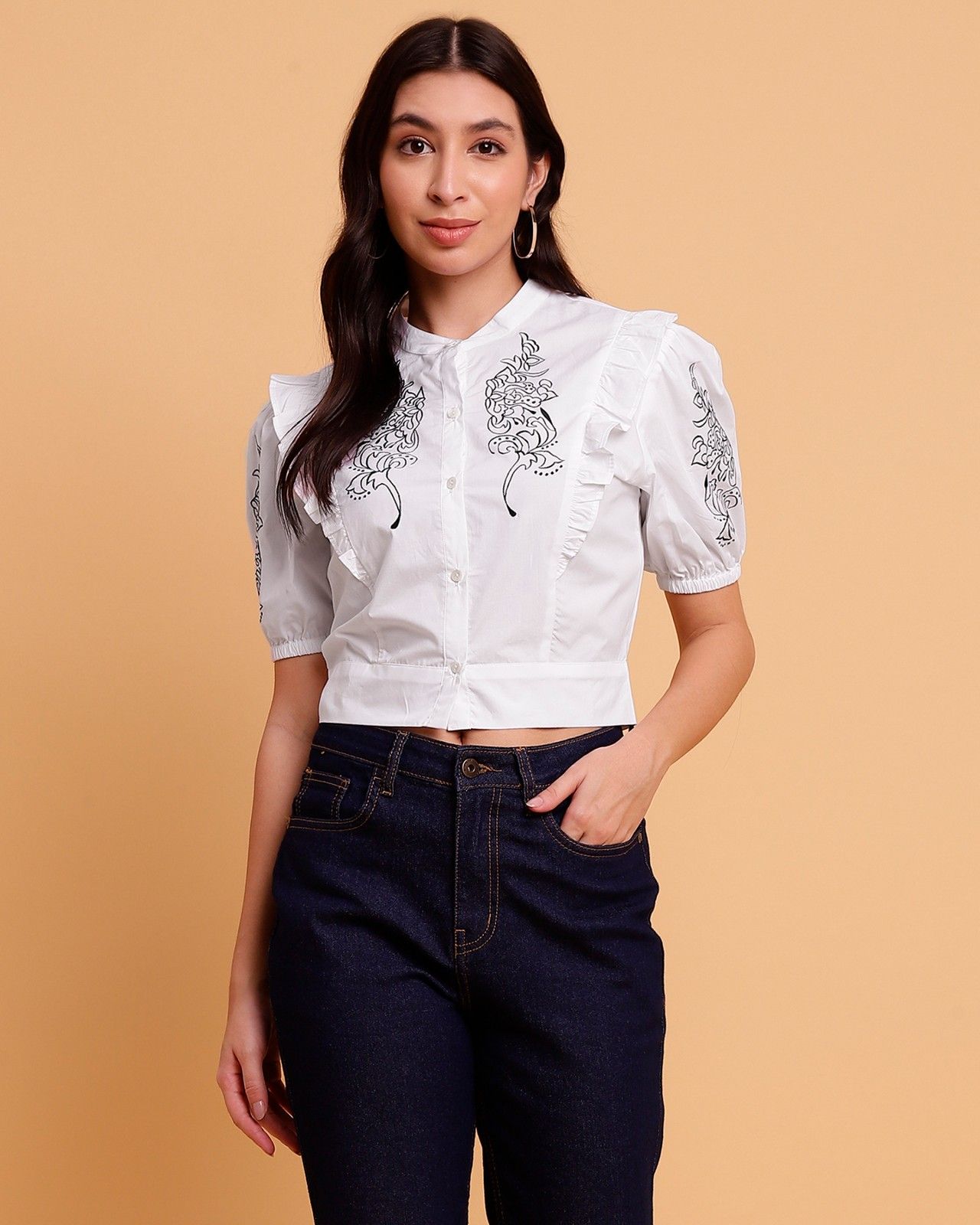 White Cotton Poplin Crop Shirt with Black Embroidery