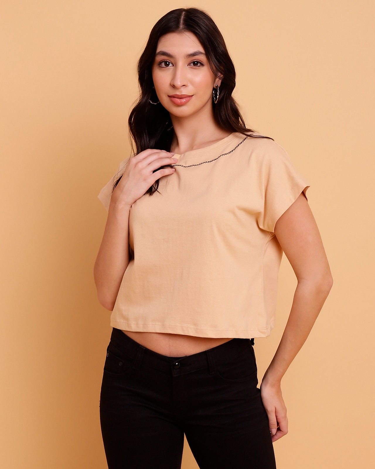 Beige Embroidered Crop Fit TShirt  Casual Wear Single Jersey
