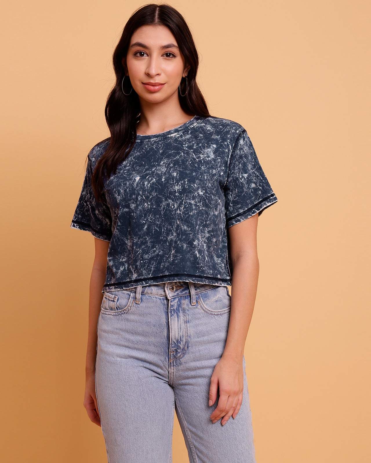 100 Cotton Indigo Crop Tee with towel Wash