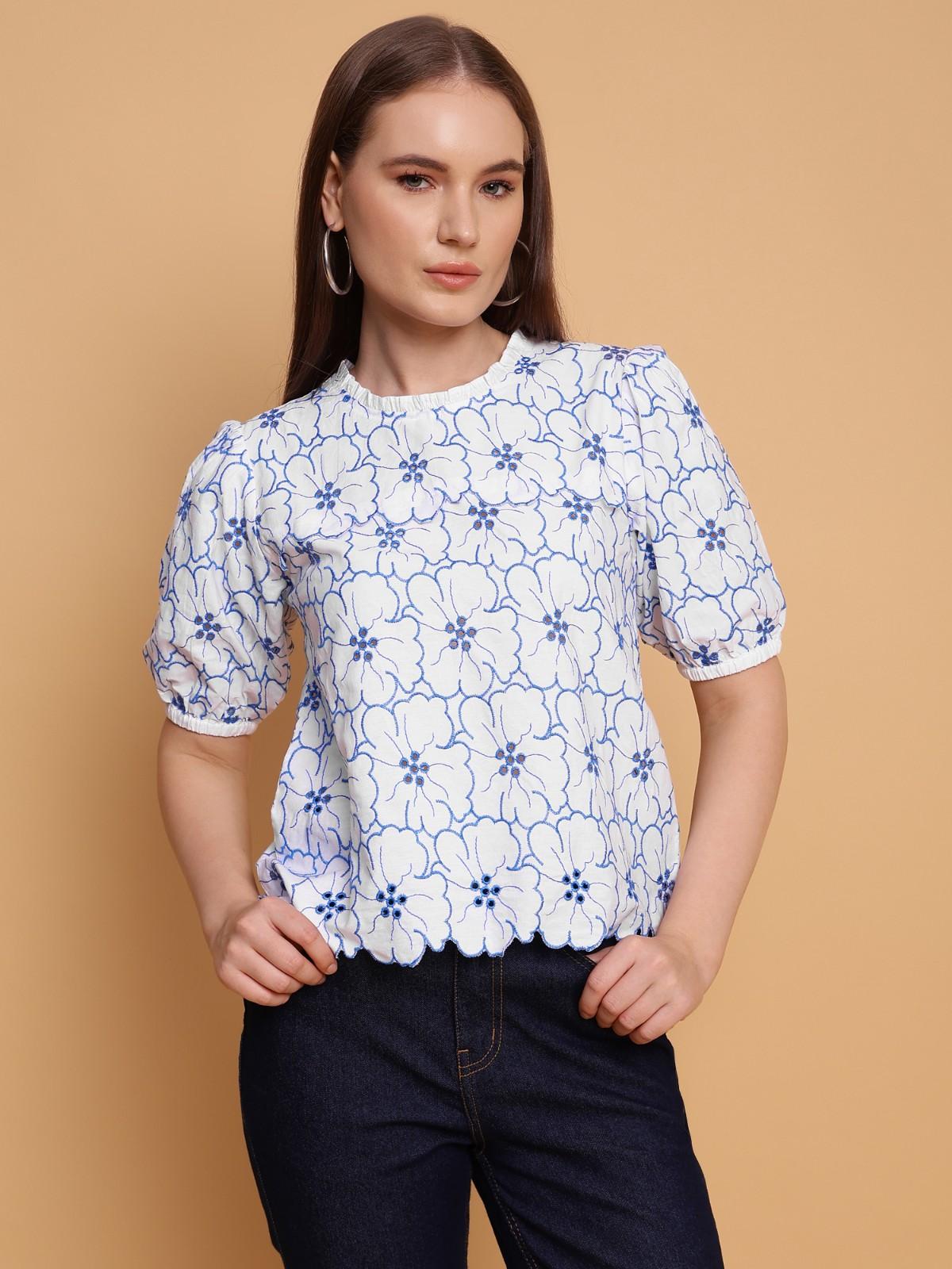 Blue white Floral Embroidered Top