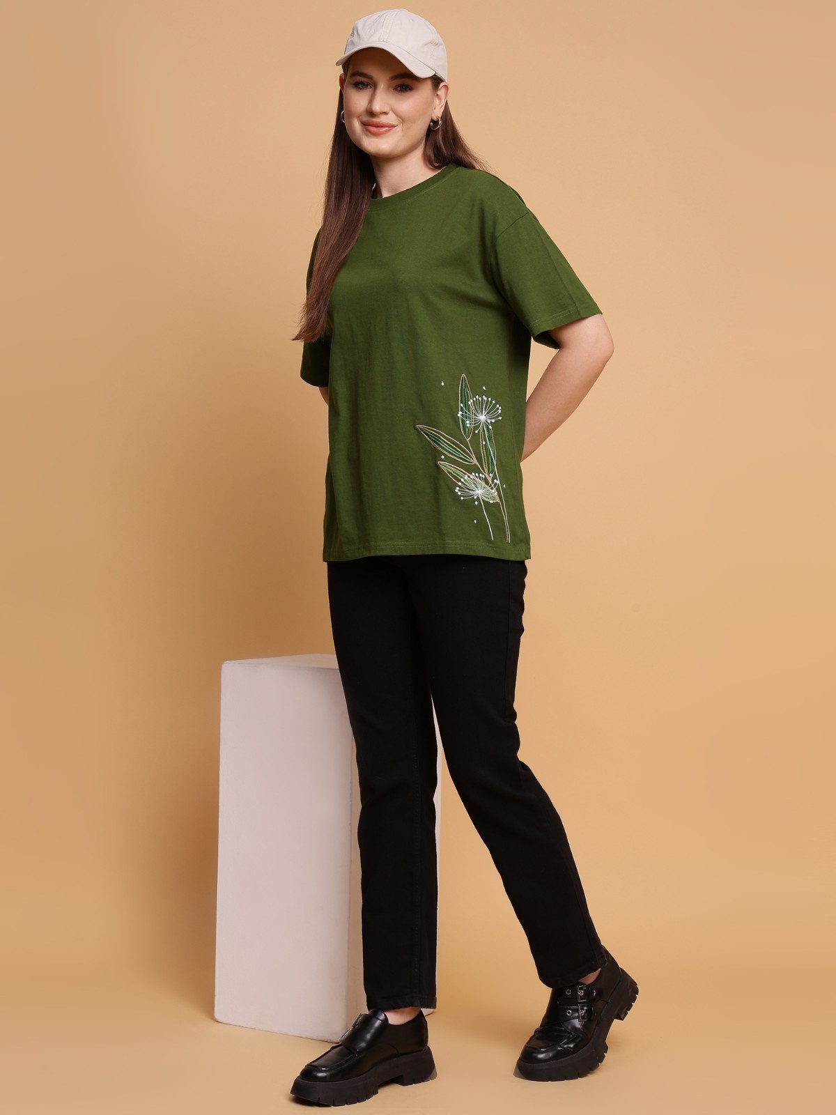 OliveColored Oversized Top With A Stunning Floral Design