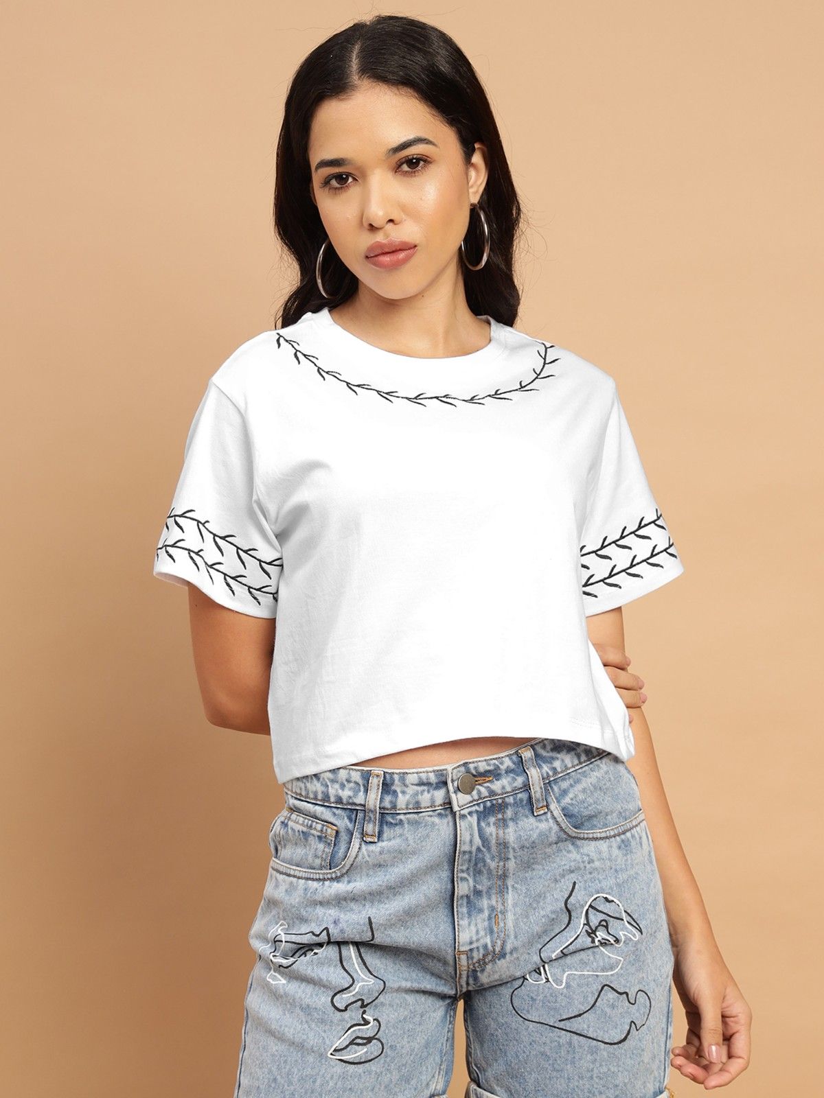 White Crop Top with Black Embroidery