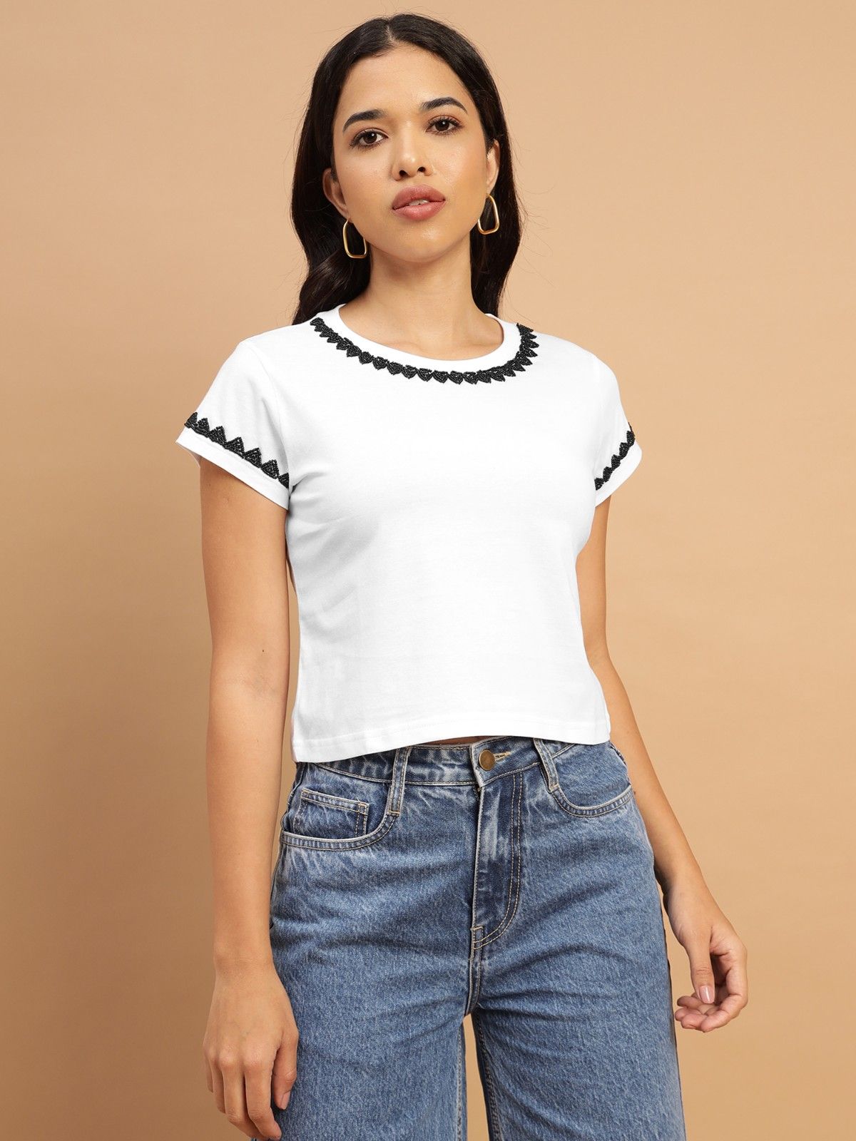 White Crop Top with Monochrome Embellishment