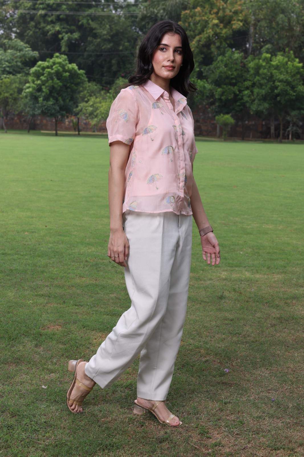 Pink umbrella embroidered organza shirt with camisole Set of 2