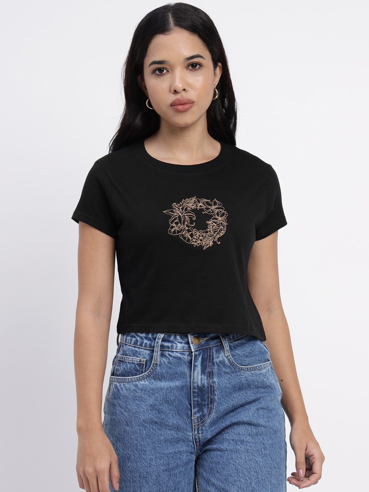 Black Cotton Crop Top with Intricate Embroidery Accents