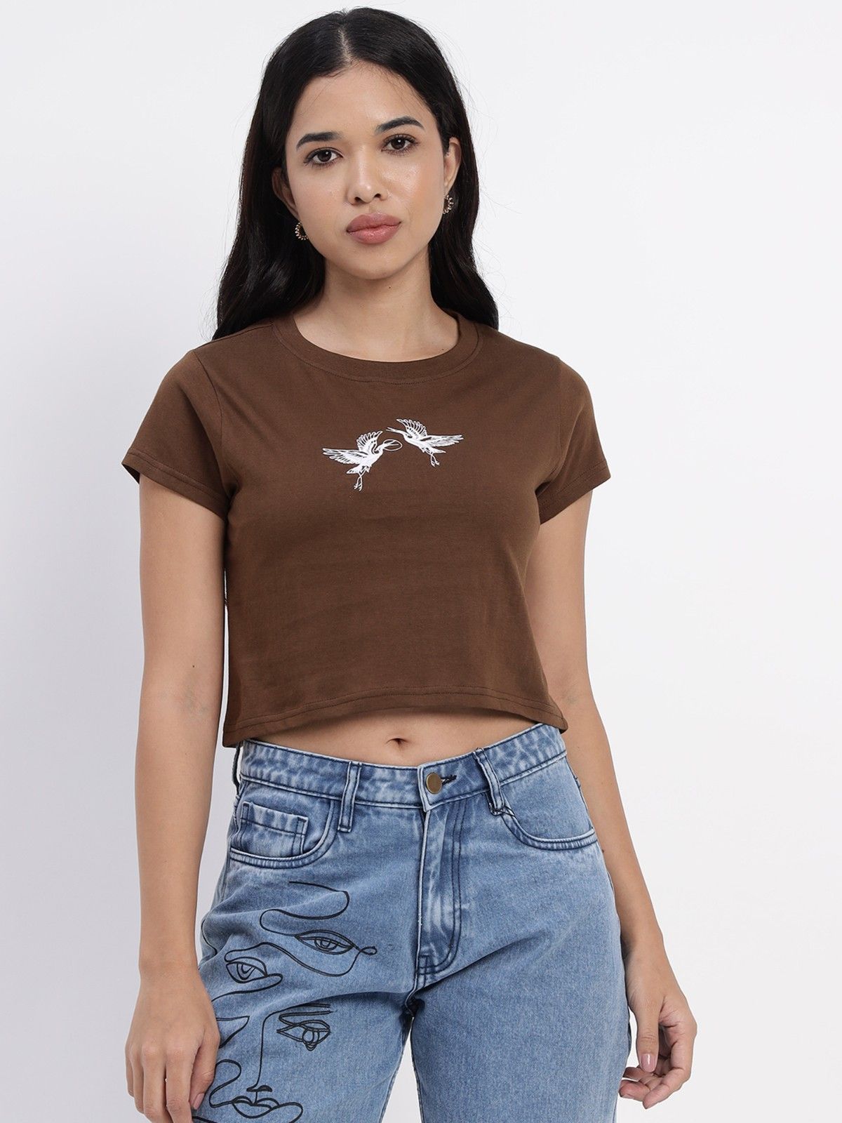 Brown Crop Top with Delicate Embroidery Details