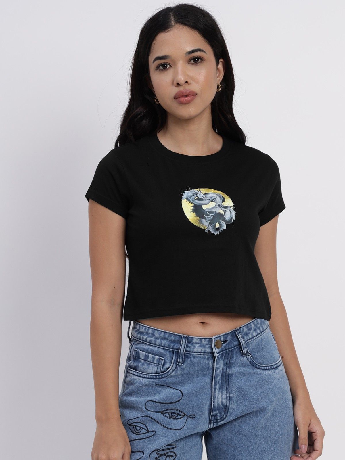 Heavenly dragon printed black crop top Black color