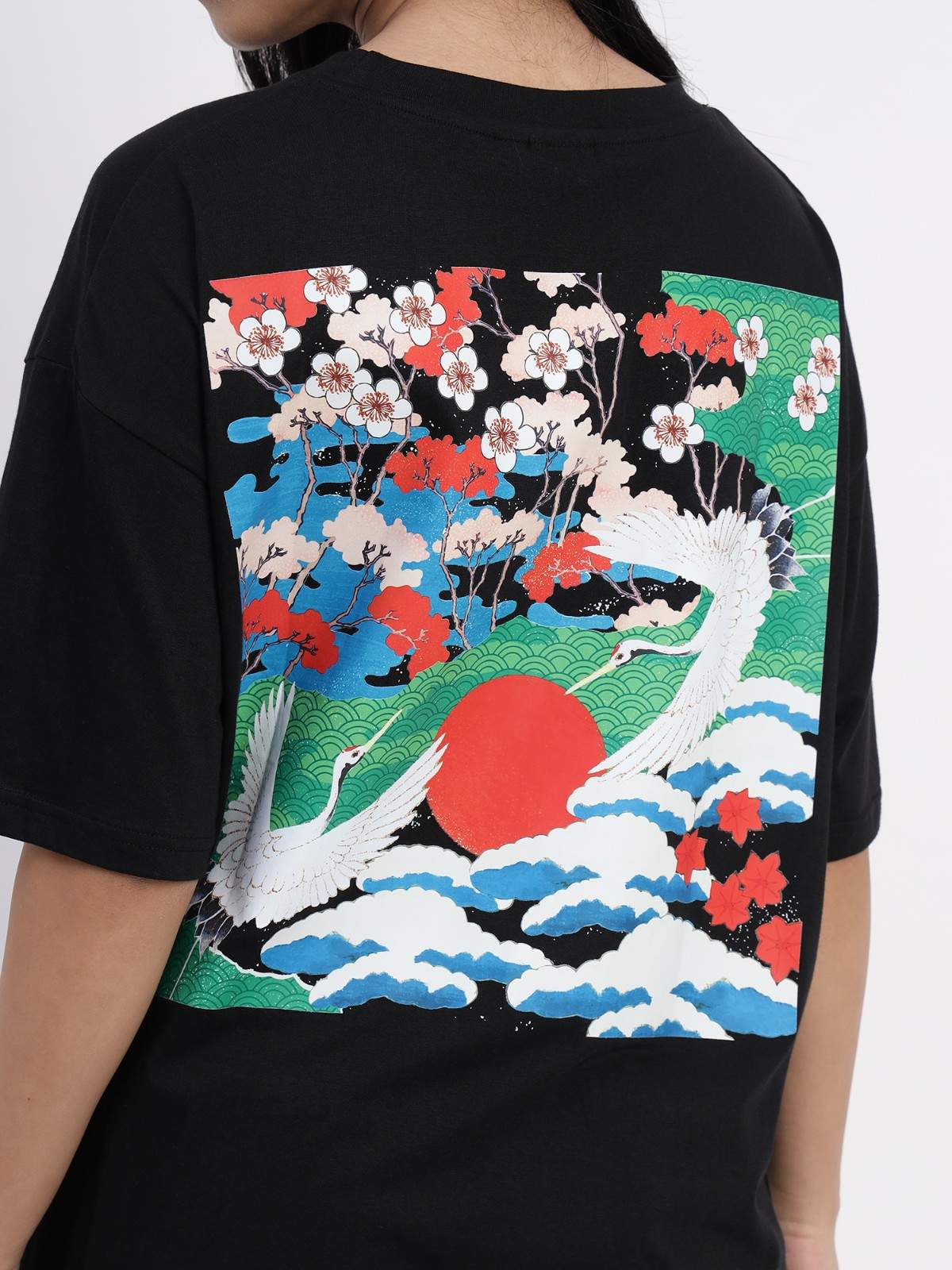 Tropical printed oversized cotton Top Black color
