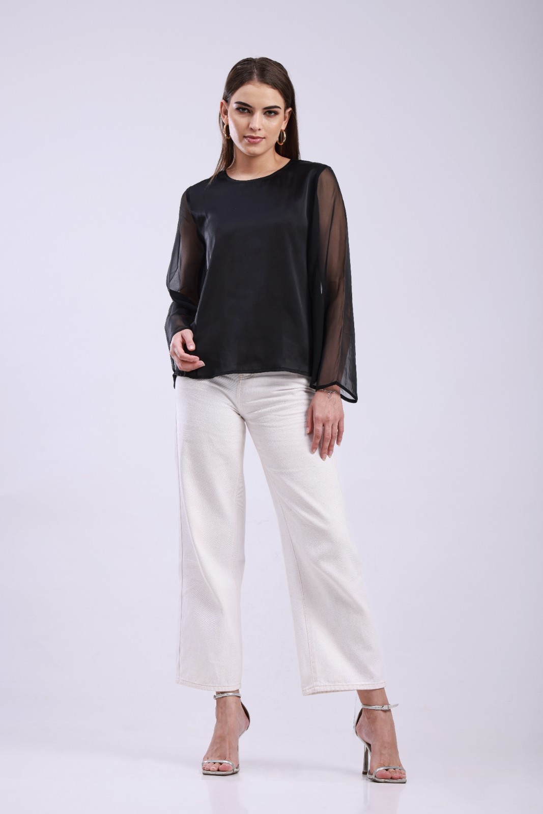 Black Satin Top with Voluminous Organza Puff Sleeves