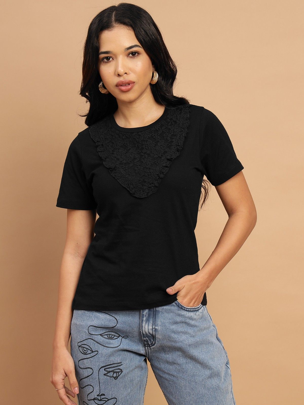 Black tshirt with a lace neck accent for added charm