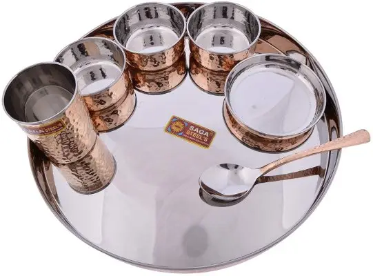 Saga Steel & Hammered Copper Thali Set 7Pcs