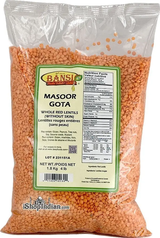 Bansi Masoor Gota - Whole Red Lentils (without Skin) 4Lbs
