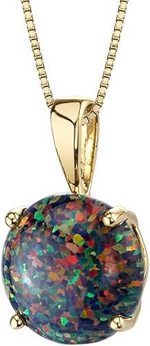 14K Yellow Gold  Black Opal Pendant for Women Classic Solitaire Round Shape 8mm 1 Carat October Birthstone Necklace Fire Opal Necklace Gifts for Birthday Anniversary Wedding