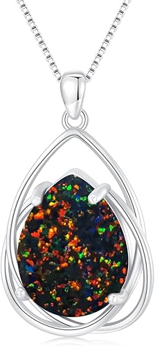 Teardrop Black Opal Gemstone Pendant Necklace 925 Sterling Silver October Birthstone Necklace Vintage Western Jewelry Gift for Women