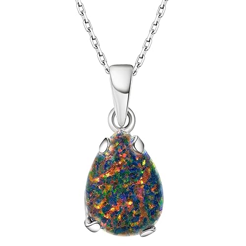 925 Sterling Silver Black Opal Necklace  October Birthstone Jewelry for Women  Minimalist Silver Chain with Black Opal Teardrop Pendant  Elegant Gift for Women