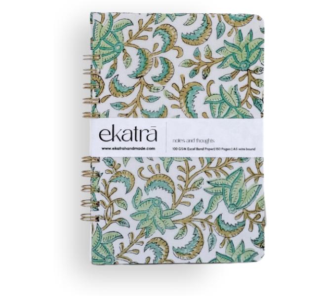 Handcrafted Sustainable A5 Wire Bound ruled 100SM paper Journal by Ekatra Green Floral