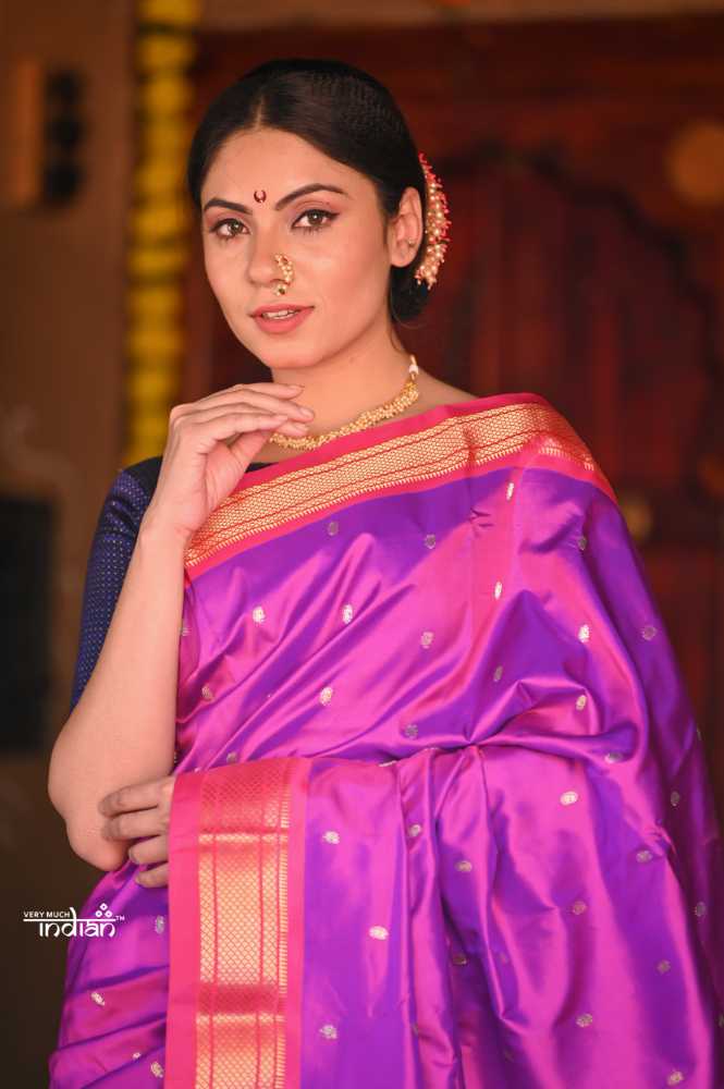 Raaga Pure Silk Violet Paithani Saree With Pink Border