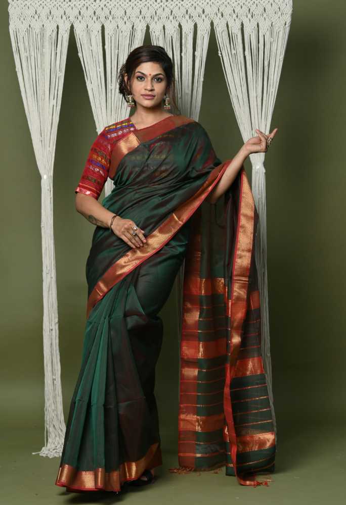 Dark Green Cotton Silk Saree Golden Border