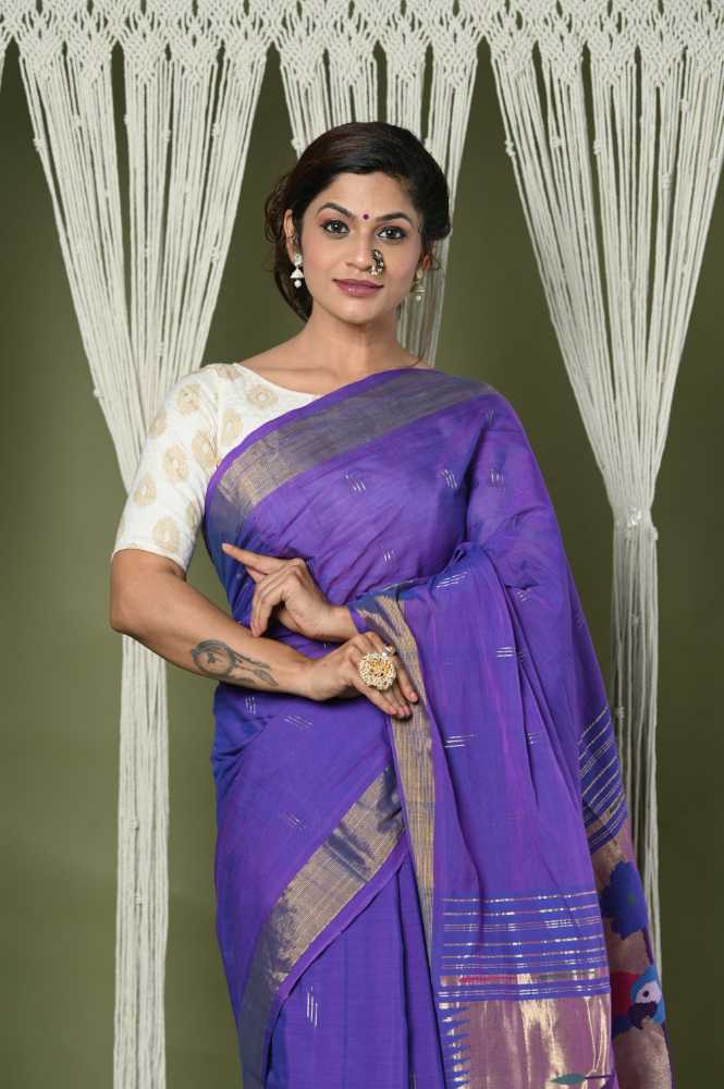 Purple Pure Cotton Paithani Saree with Traditional Pallu