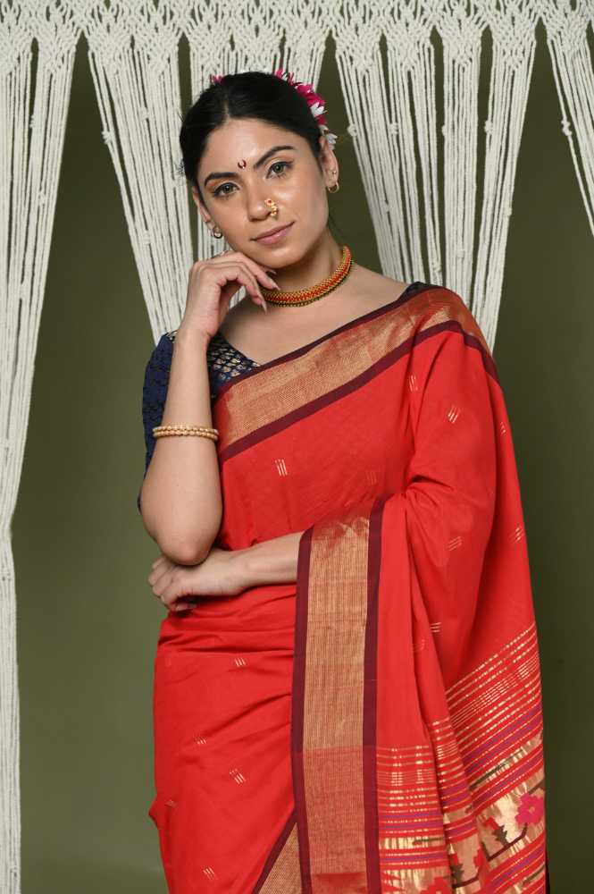 Crimson Red Pure Cotton Paithani Saree with Traditional Pallu