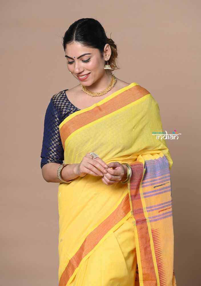 Pale Gold Pure Cotton Paithani Saree with Traditional Pallu