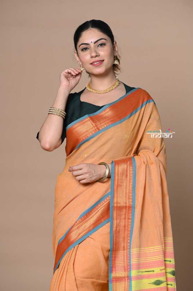 Orange Chiffon Pure Cotton Paithani Saree with Traditional Pallu