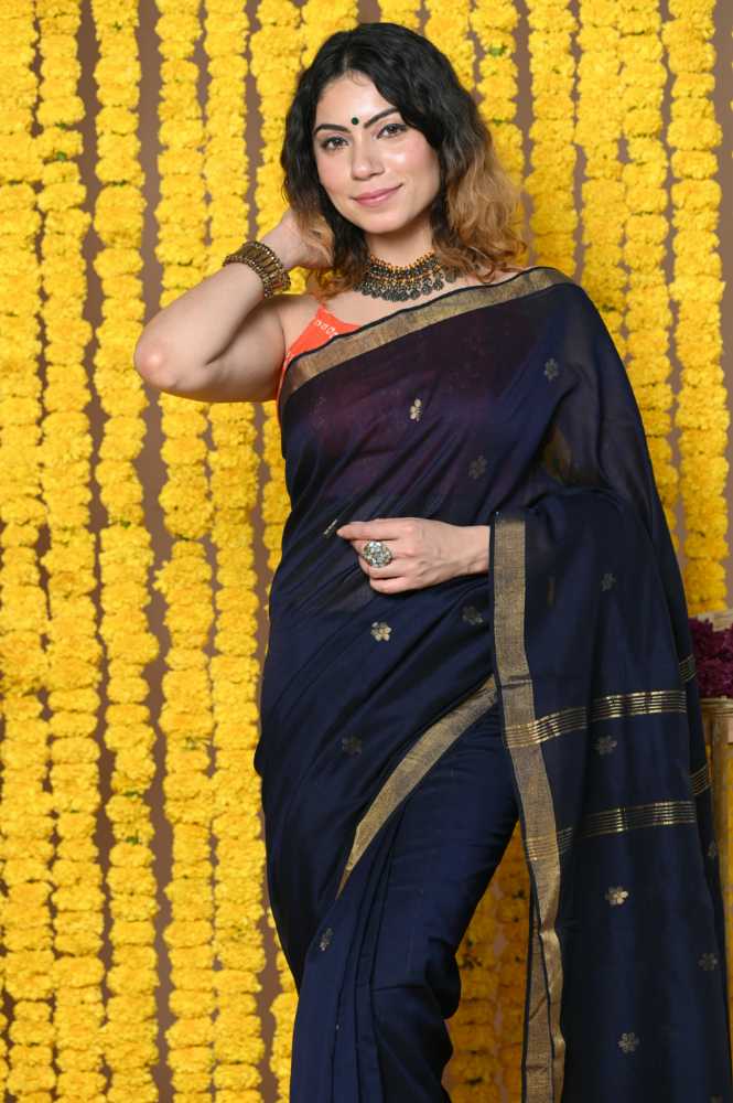 Deep Navy Blue VMI Design  Mul Cotton Handloom with Sleek Border and Flower Buttis