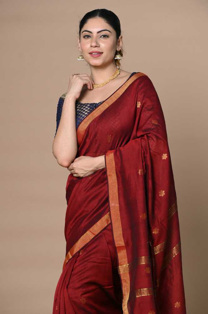 Crimson Red VMI Design  Mul Cotton Handloom with Sleek Border and Flower Buttis