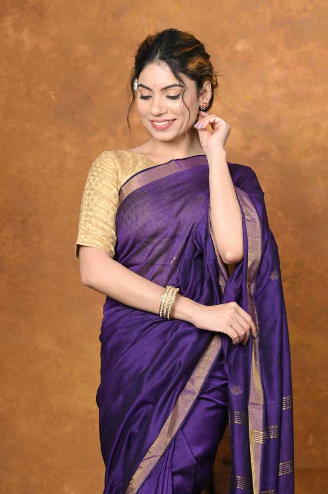 Lavender Purple VMI Design  Mul Cotton Handloom with Sleek Border and Flower Buttis