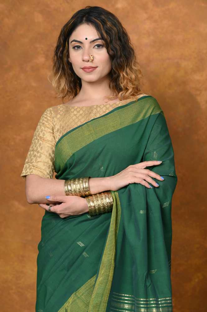 Leaf Green Cotton Paithani Saree with Traditional Pallu