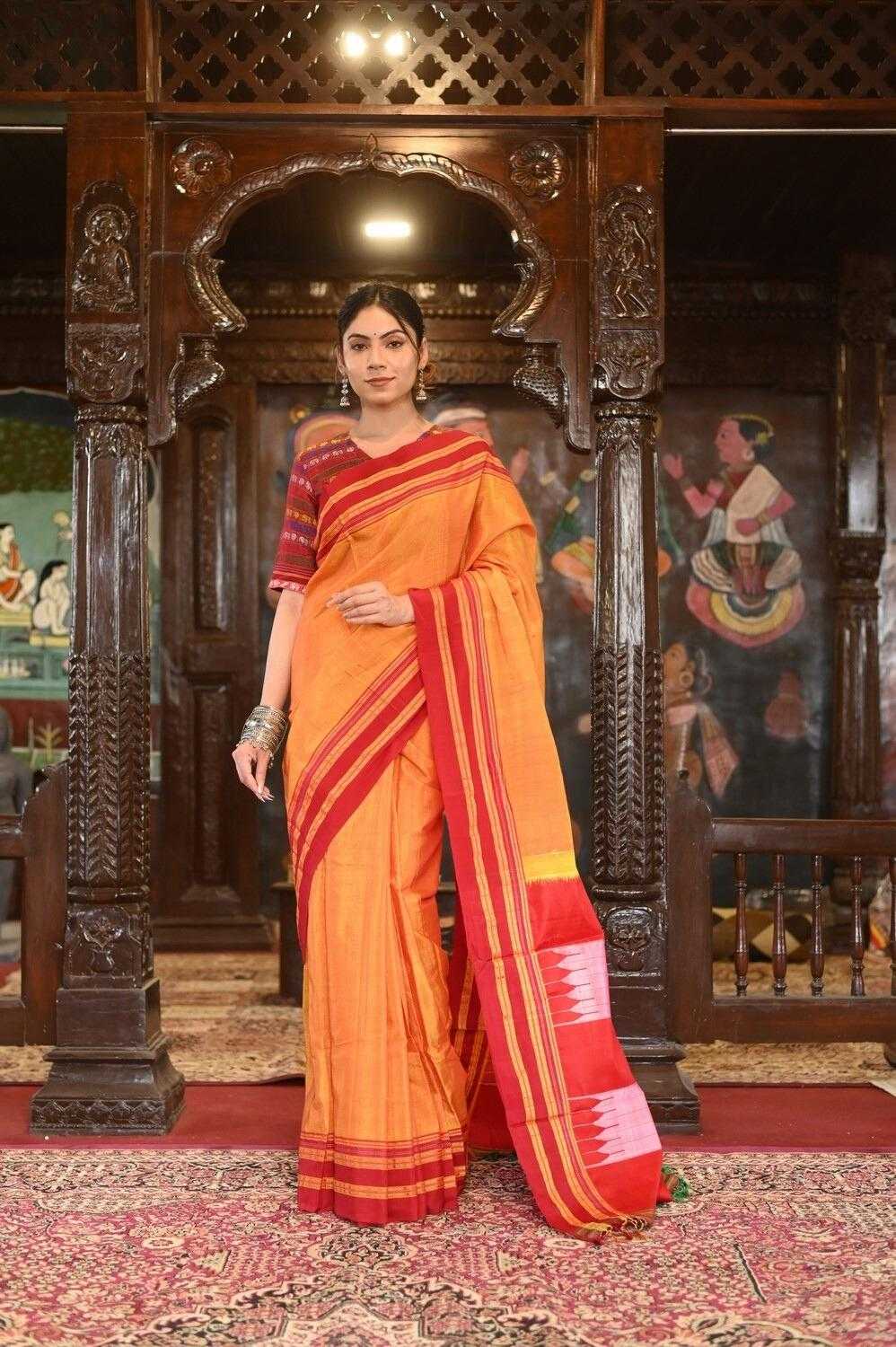 Tangerine Handloom Cotton Silk Ilkal Saree Resham Pallu