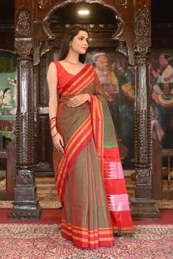 Sienna Brown Handloom Cotton Silk Ilkal Saree Resham Pallu