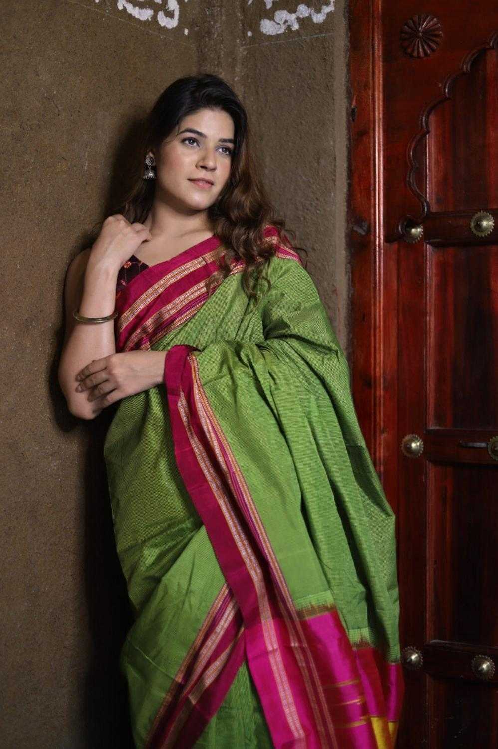 Olive Green Handloom Cotton Silk Ilkal Saree Resham Pallu