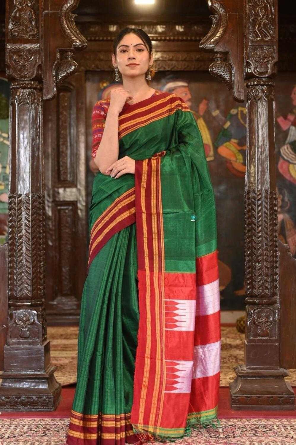 Dark Green Handloom Cotton Silk Ilkal Saree Resham Pallu