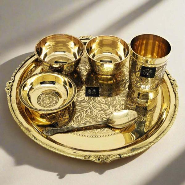 Traditional Brass Dinner Thali Set Peetal Embossed Floral Design Set