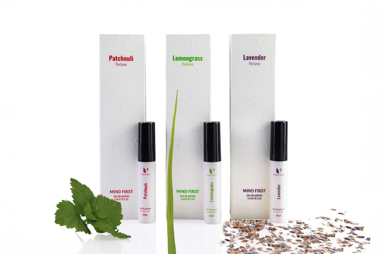 Mind First Natural Luxury Perfume Pack of 3  Lavender Patchouli  Lemongrass  5ml Each  Made with Essential Oils  LongLasting  Calming Fragrance for Men  Women  Ideal Gift Set