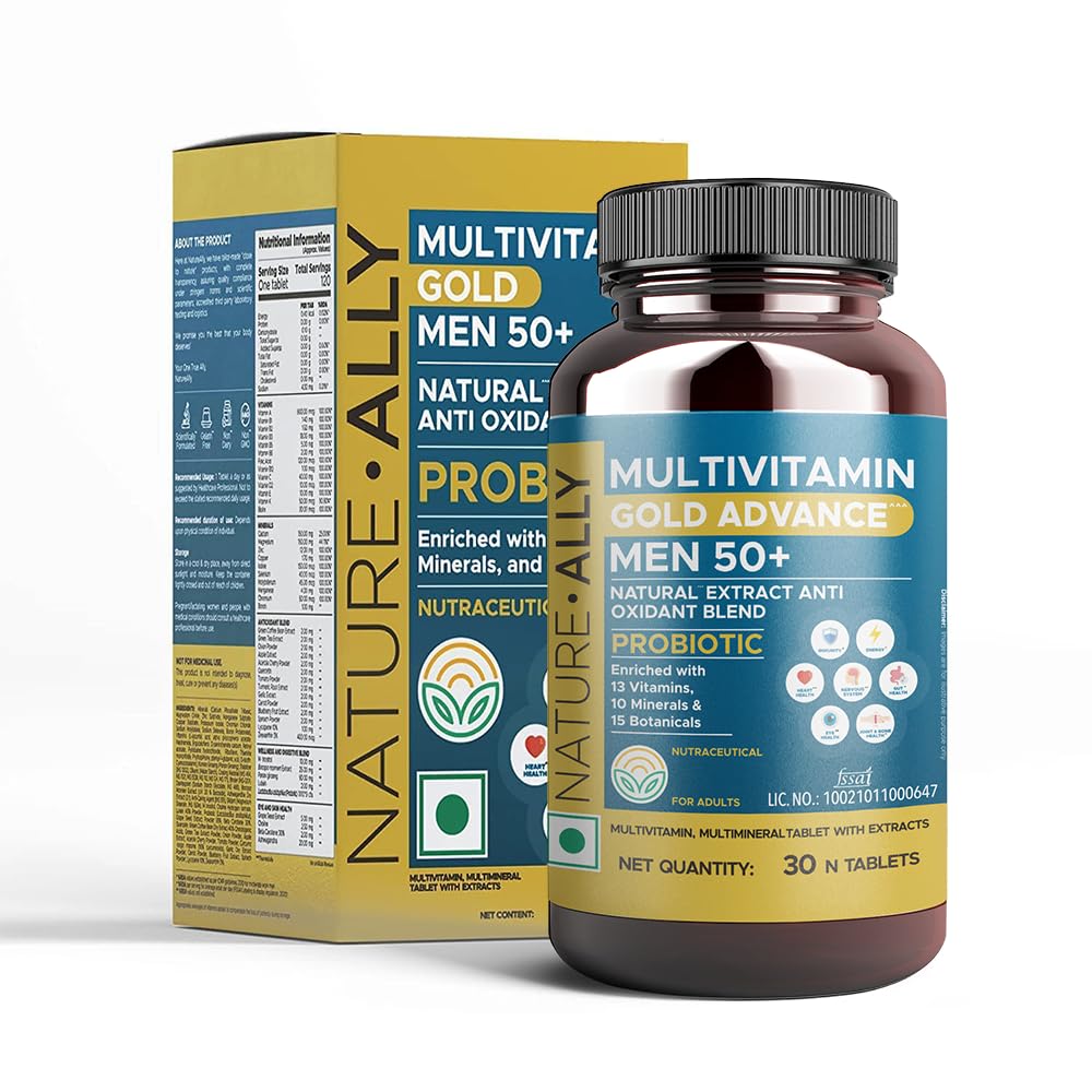 NatureAlly Multivitamin for Senior Men 50 Age with Calcium Vitamin D3  44 other Nutrients for Overall Health Strong Joints Heart Health Antioxidants with Brain Eye  Energy Blend Pack of 30 Tablets