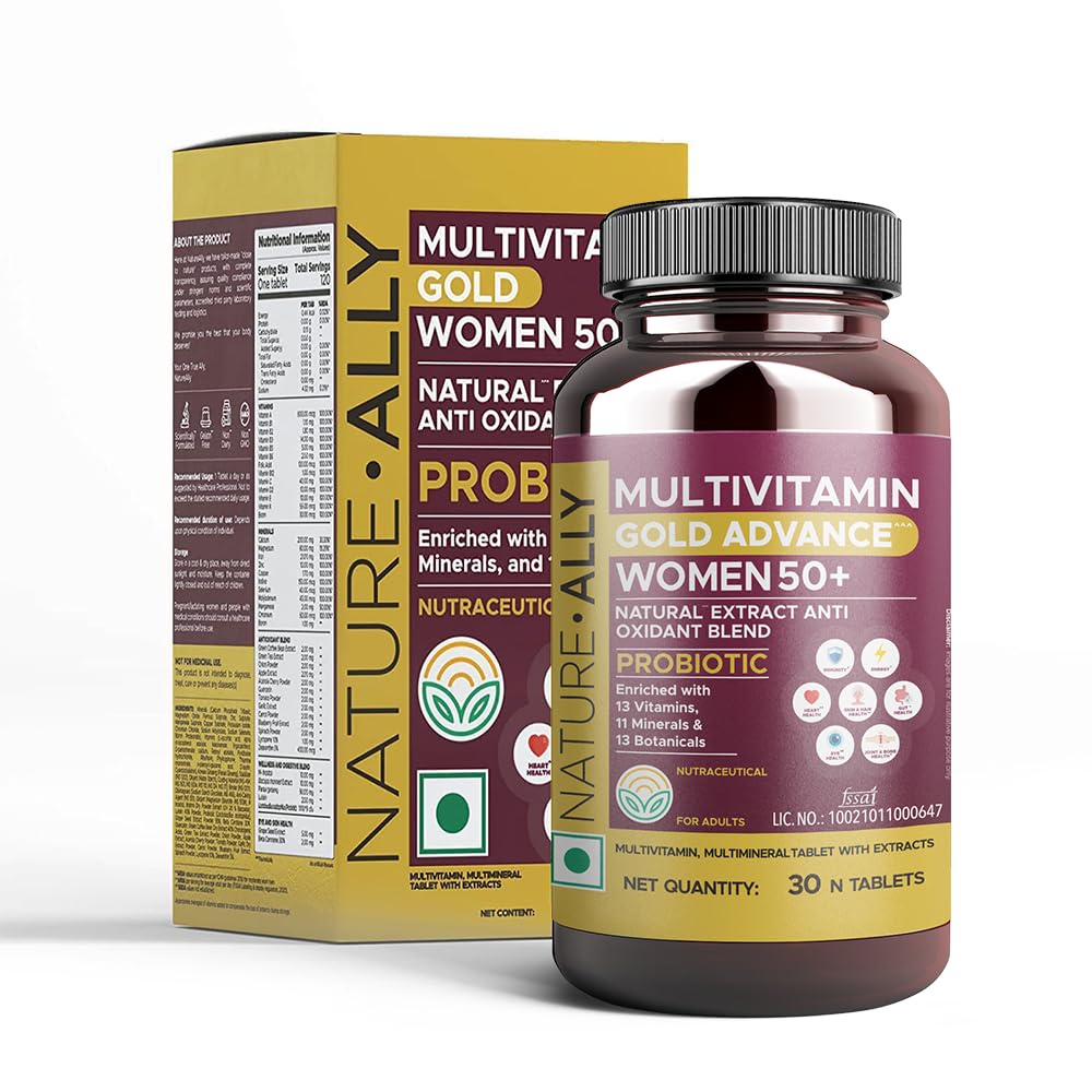 NatureAlly Multivitamin for Senior Women 50 Plus Age with Calcium Vitamin D3 and 44 other Nutrients for Overall Health Probiotic Strong Joints Heart Health Antioxidants with Brain Eye and Energy Blend60 Tablets