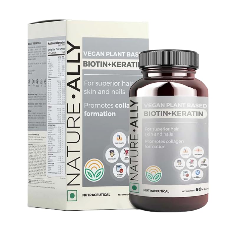 NatureAlly Biotin Keratin  Vegan Plant Based formulation For Hair Health Hair Shine Hair Fall Prevention Activates Hair Folicles Hair Growth 60 Capsules