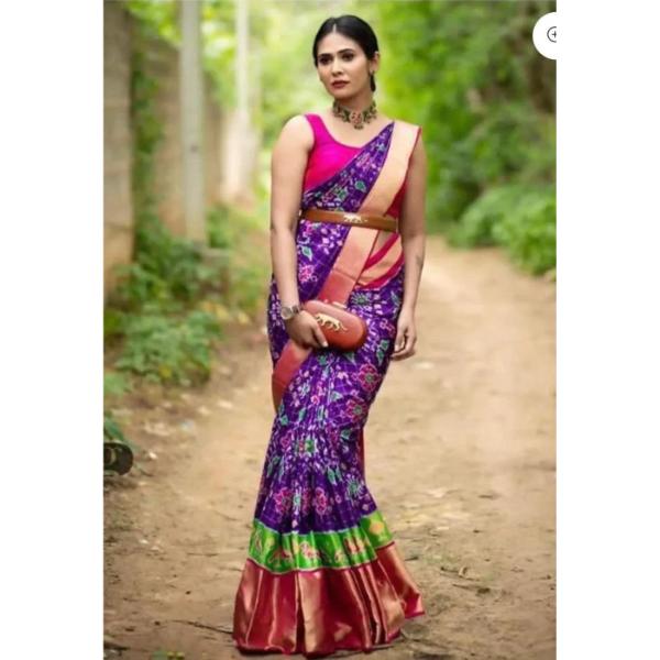 Pochampally Ikat Silk Middle Purple Border And Pallu Pink Zari Border Allover Checks Saree