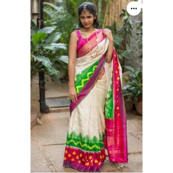 Pochampally Ikat Silk Cream Saree