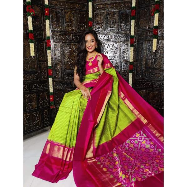Pochampally Ikat Silk Parrot Green Saree