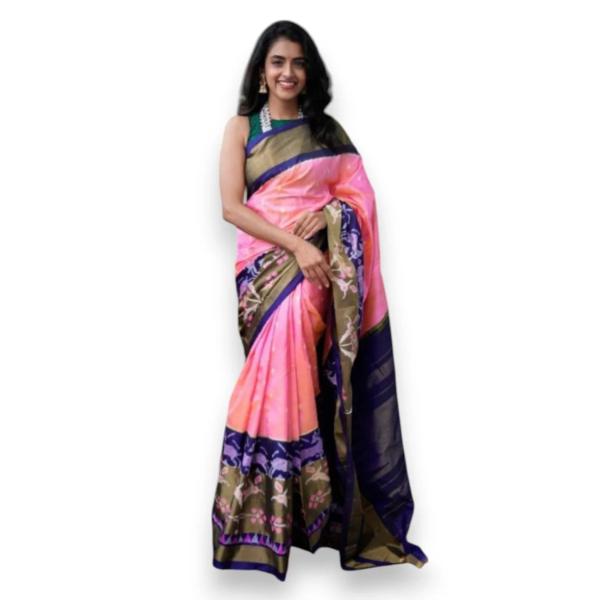 Pure Pochampally Ikkat Silk Pink With Navy Blue Saree