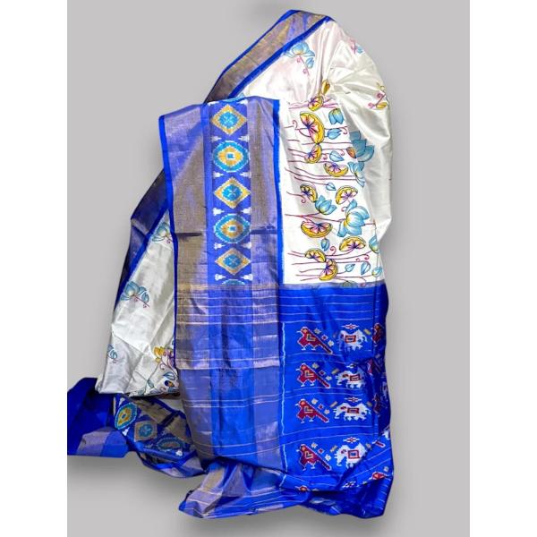 Pure Pochampally Ikkat Silk Kalamkari Designer Blue White Saree