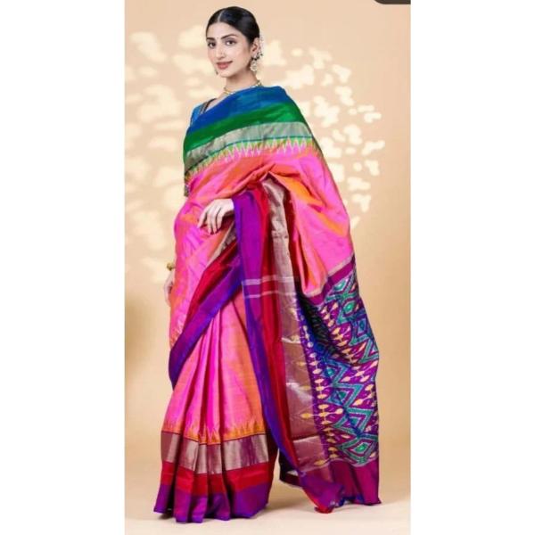 Pure Pochampally Ikkat Silk Light Pink Purple Saree