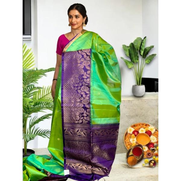 PURESOFTSILKPARROTGREENLAVENDERSARI