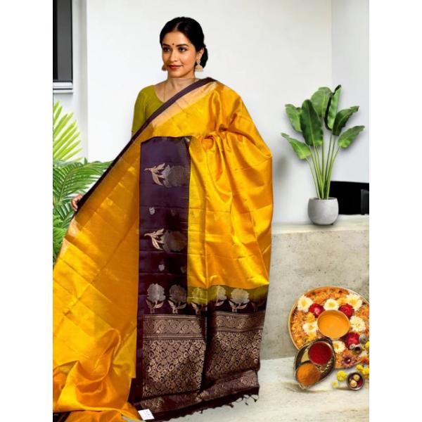 Yellow Chocolate Color Designer Kanchi Pure Soft Silk Saree