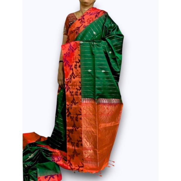 Pochampally Ikat Soft Silk Green Orange Saree