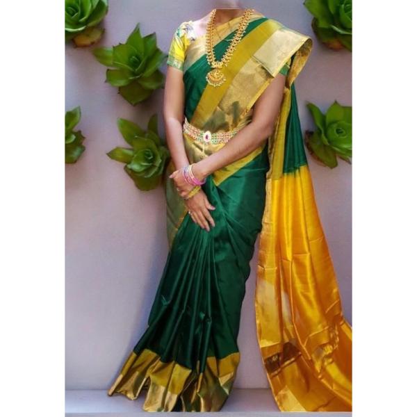 Uppada Silk Body Green Uppada Pallu Contrast Uppada Yellow Blouse